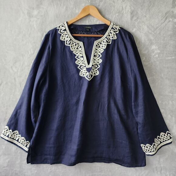 Talbots Linen Top Womens Size XL Ribbon Trim Navy Blue Pullover 100% - Picture 8 of 8